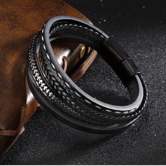 Other - Vintage Men's Multi-Layer Leather Wrist Cuff Bracelet Magnetic Clasp Ban…